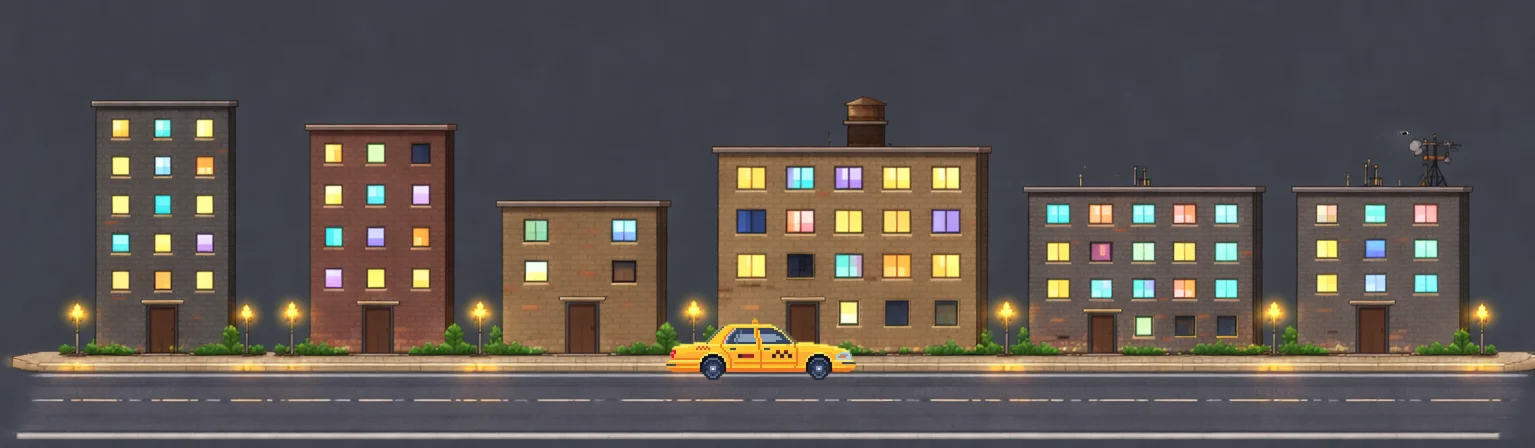 A pixel-art street at night: apartment blocks with lit windows, street lamps and a yellow taxi
