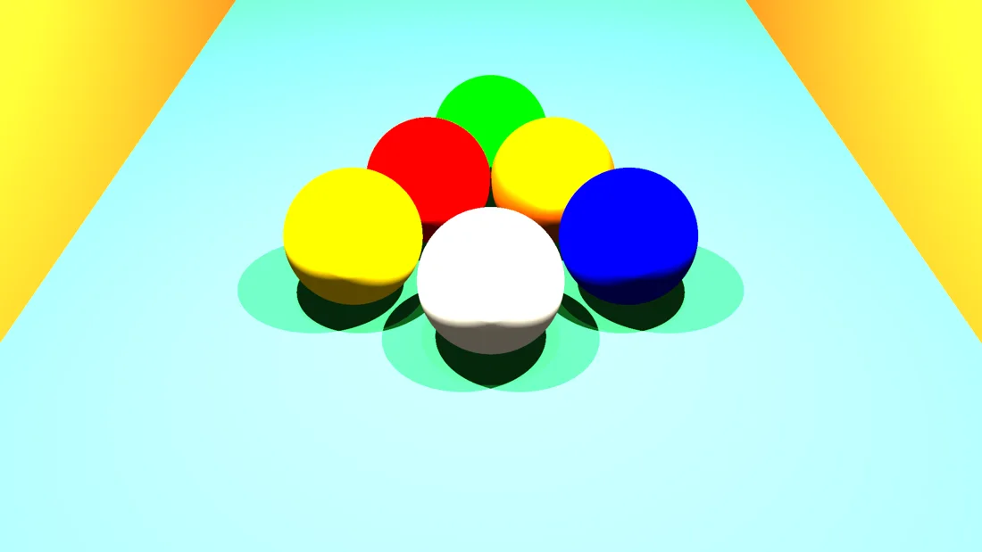 A rendered billiard scene: coloured balls racked on a pale blue table, with soft shadows