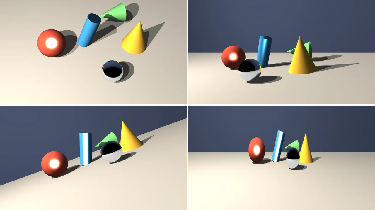 The same scene four times: seen from above, from the side, with the camera rolled so the floor slants, and stretched sideways so the sphere looks like an egg
