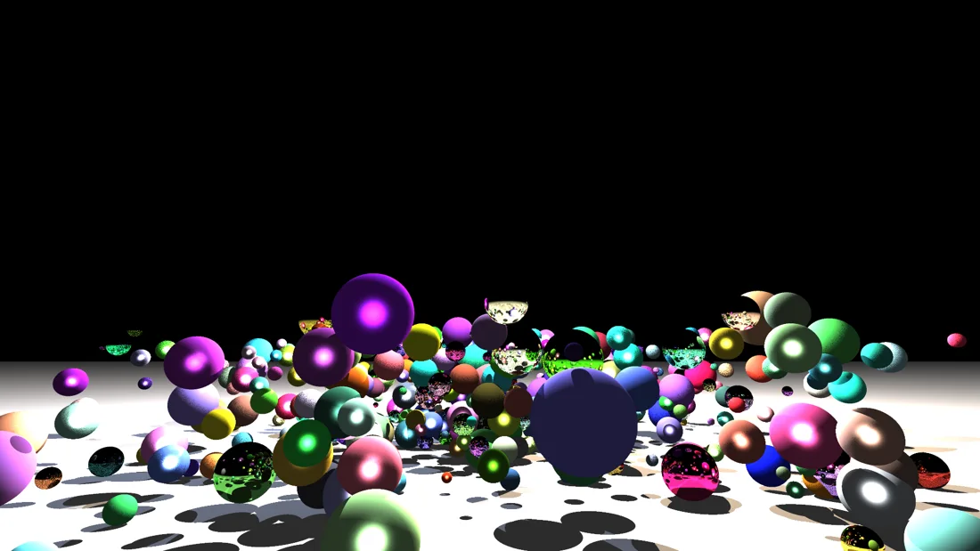 500 shiny coloured spheres scattered on a plane, with shadows