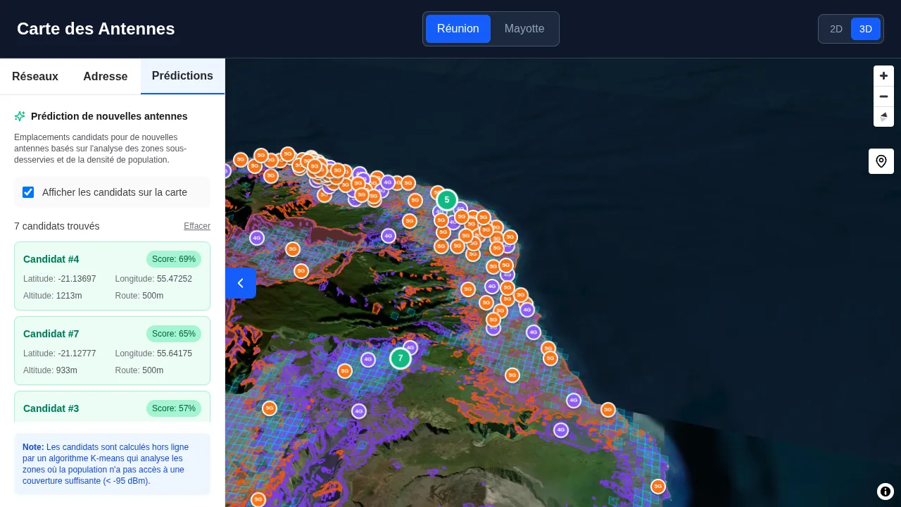 The predictions panel listing candidate antenna sites with their scores, beside the 3D map