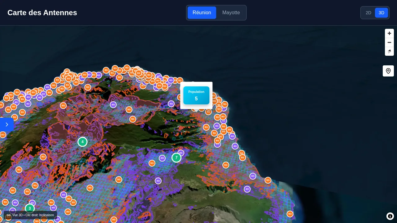 SignalMap in 3D: the north of Réunion in relief, covered with orange and purple coverage areas and antenna pins