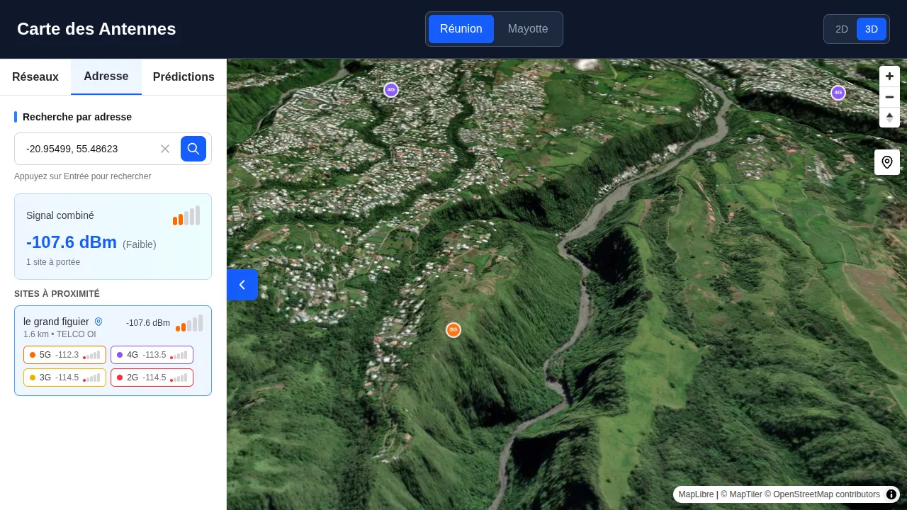SignalMap in 3D over a valley in Réunion: the panel shows the combined signal at a clicked point, -107.6 dBm, and the nearest site with its 5G, 4G, 3G and 2G values