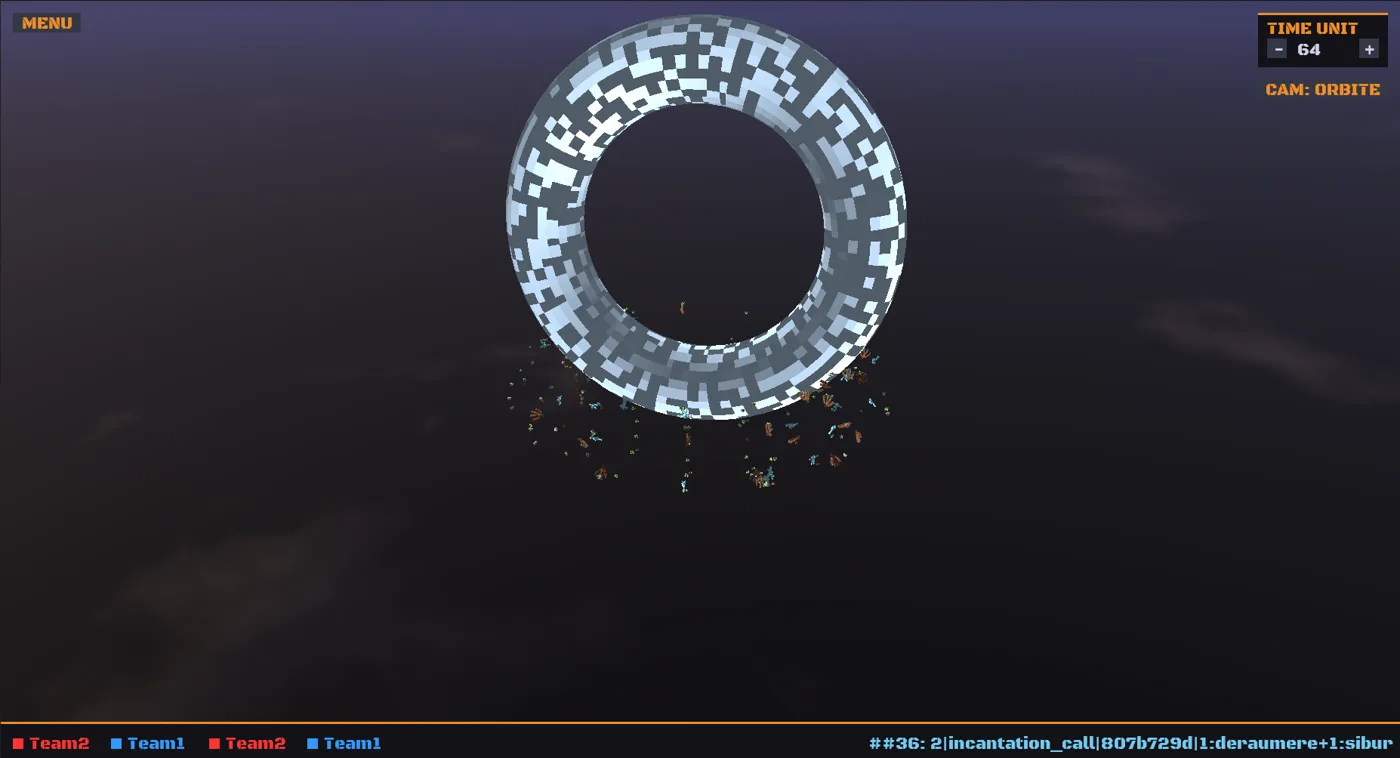 The Zappy viewer: the planet drawn as a torus, tiny players around it, the time-unit control at the top right and a live feed of broadcasts at the bottom