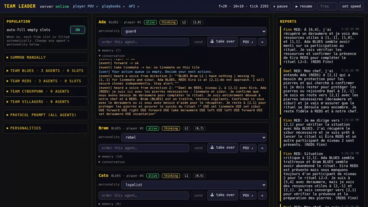 ZapLauncher's leader dashboard: a list of agents with their personality, level and position, one agent's conversation log open, and a column of reports the agents send to their leader