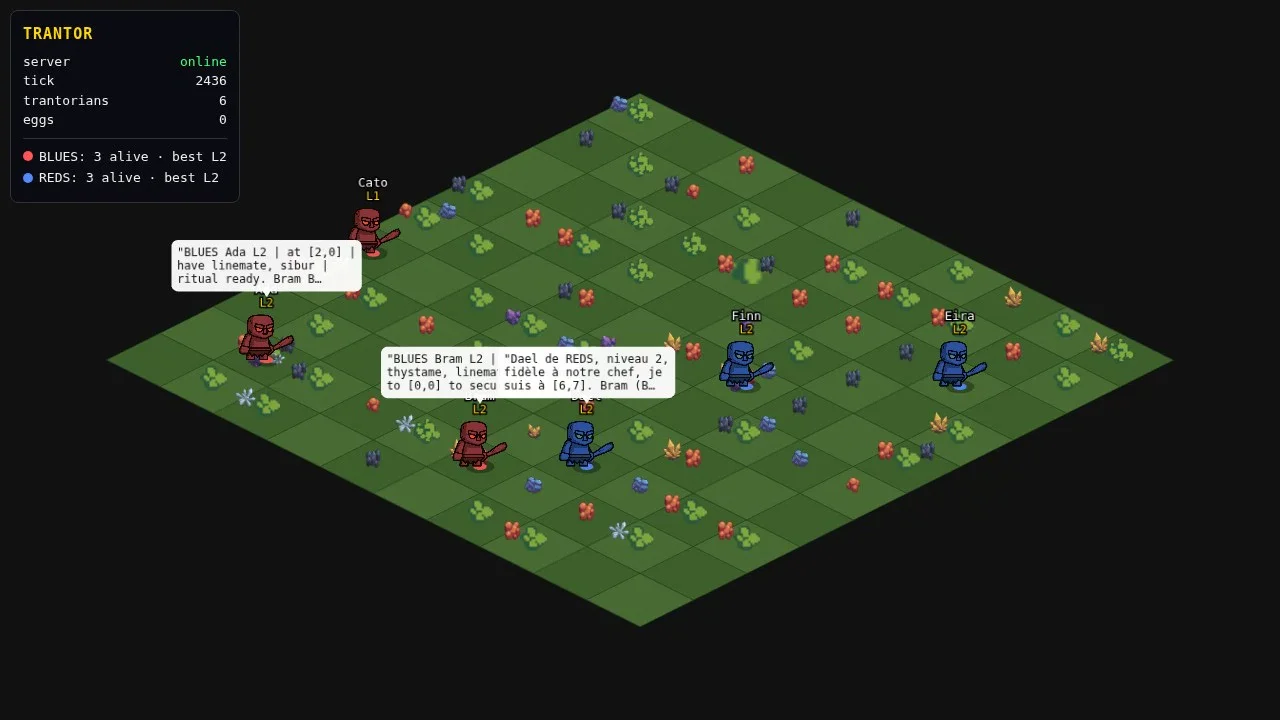 ZapLauncher's map view: golems named Ada, Bram, Cato, Dael, Eira and Finn on an isometric grass map scattered with crystals, with speech bubbles of what they broadcast